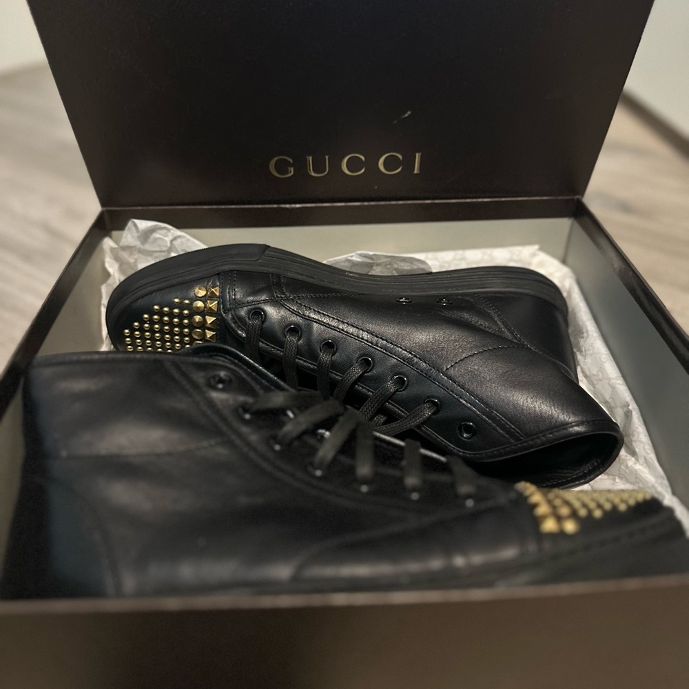 Gucci Black and Gold Studded High-Top Sneakers - Picture 4 of 9